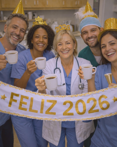Equipe de saúde desejando Feliz 2026